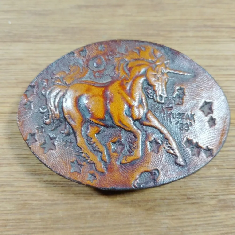 Vintage Leather Unicorn Belt Buckle Oval Carved Margical Mythical SIGNED 1983
